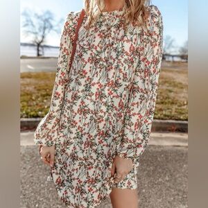 White floral printed long sleeve mini dress